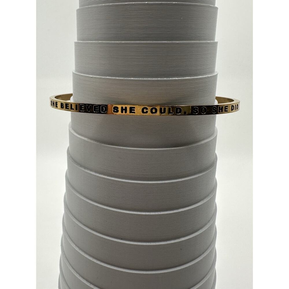 Gold Tone Mantra Cuff Bracelet “She Bevlieved, She Could, She Did”